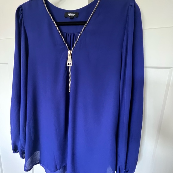 Dark Violet Quarter Zip Up Long Sleeve Flowy Blouse - Picture 2 of 6
